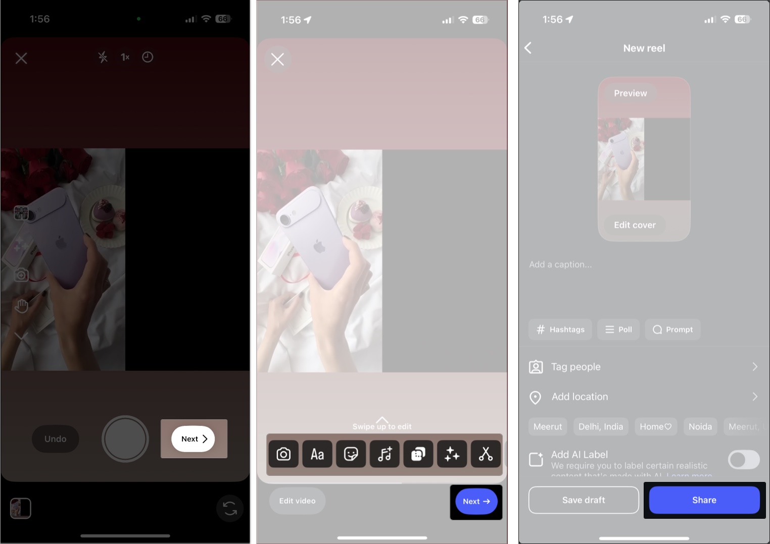 Tap next to remix reel on instagram