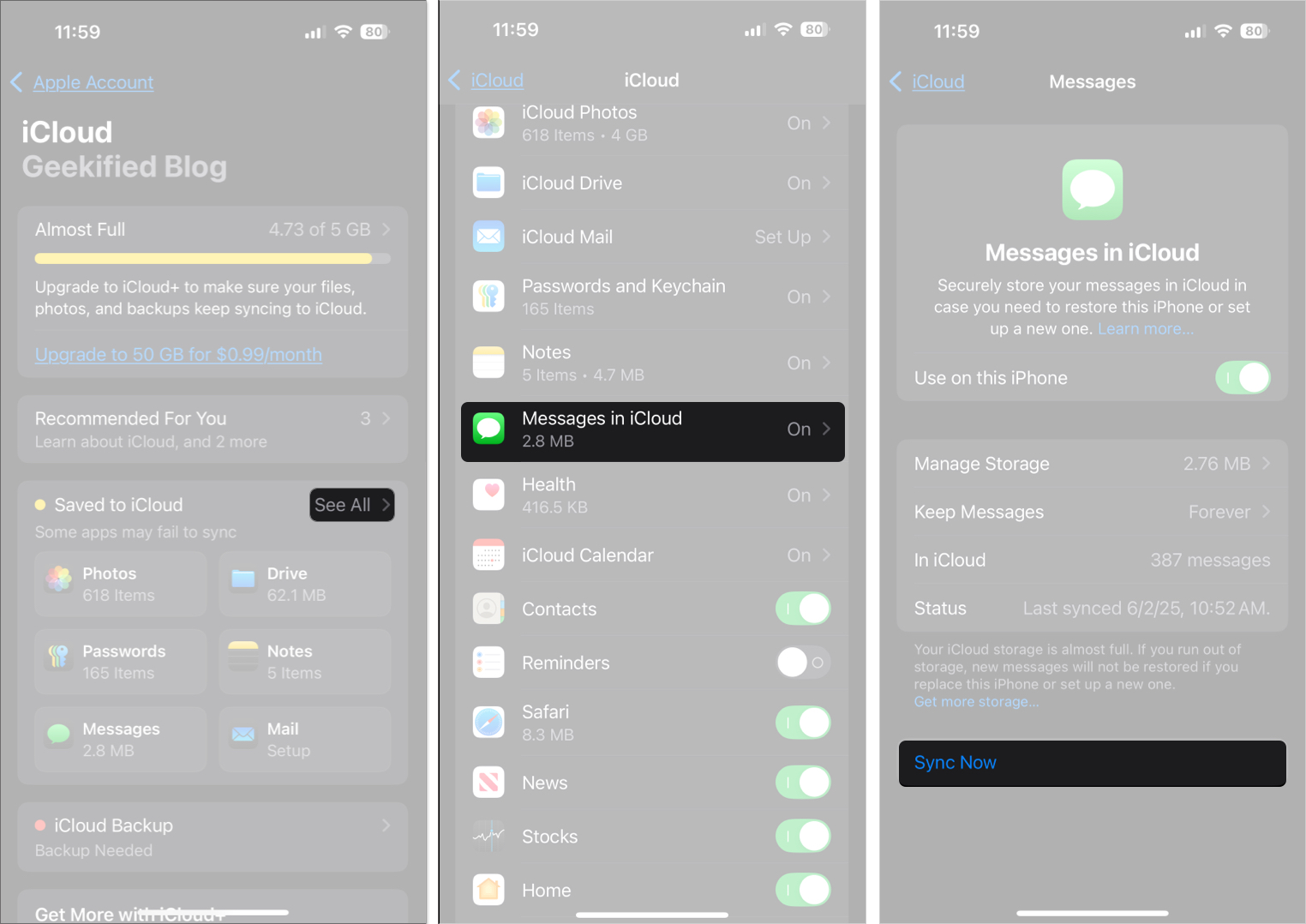 Tap on sync now all message on iphone