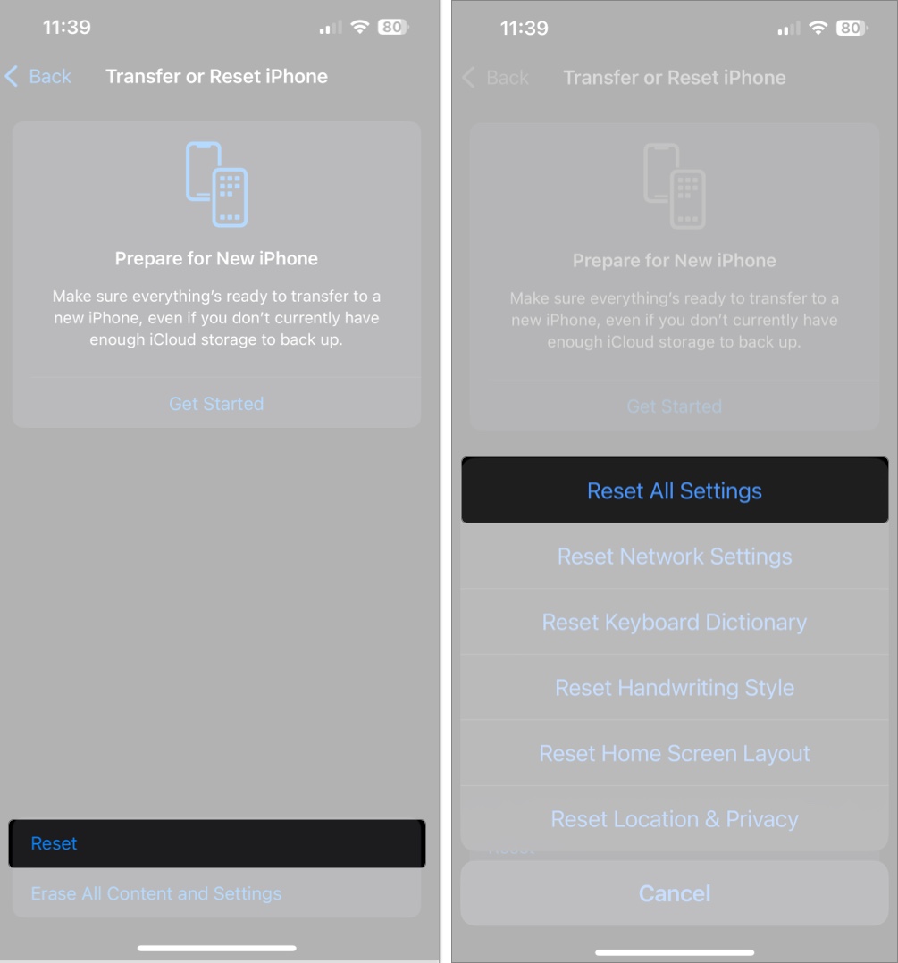 Tap reset and choose reset all settings on iphone