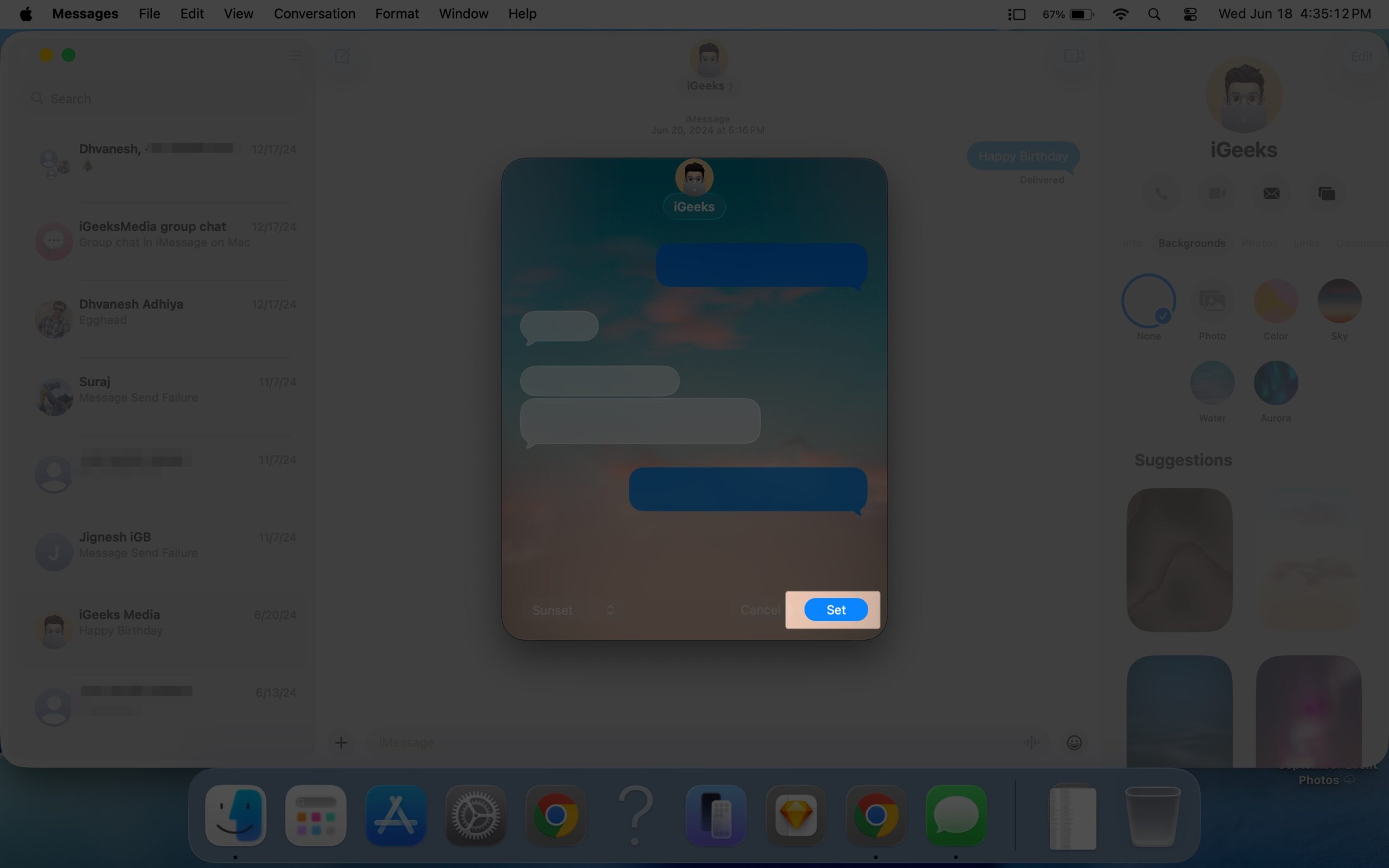 Tap set to apply background in imessage on mac