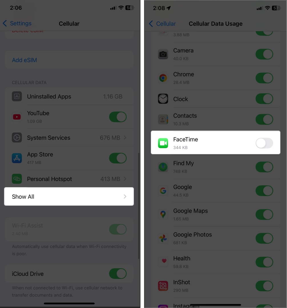 Toggle off facetime to switching to wifi only call in facetime on iphone