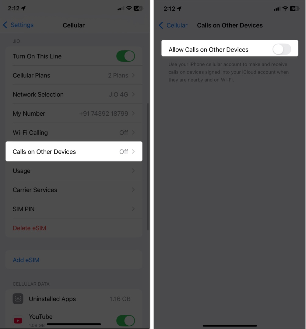 Toggle off to allow calls on other devices in iphone setting for facetime