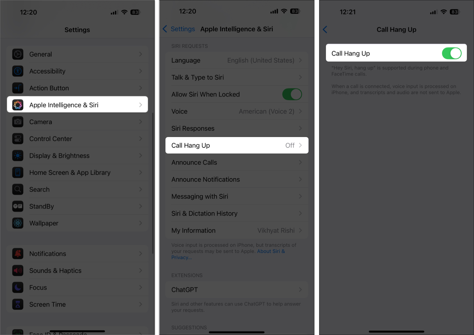 Toggle on call hang up on iphone settings