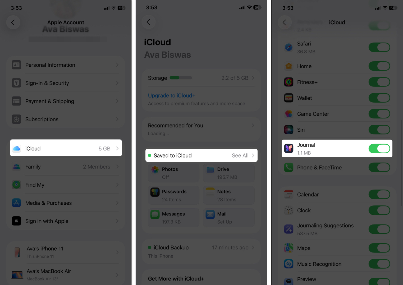 Toggle on journal to back up the entries and sync