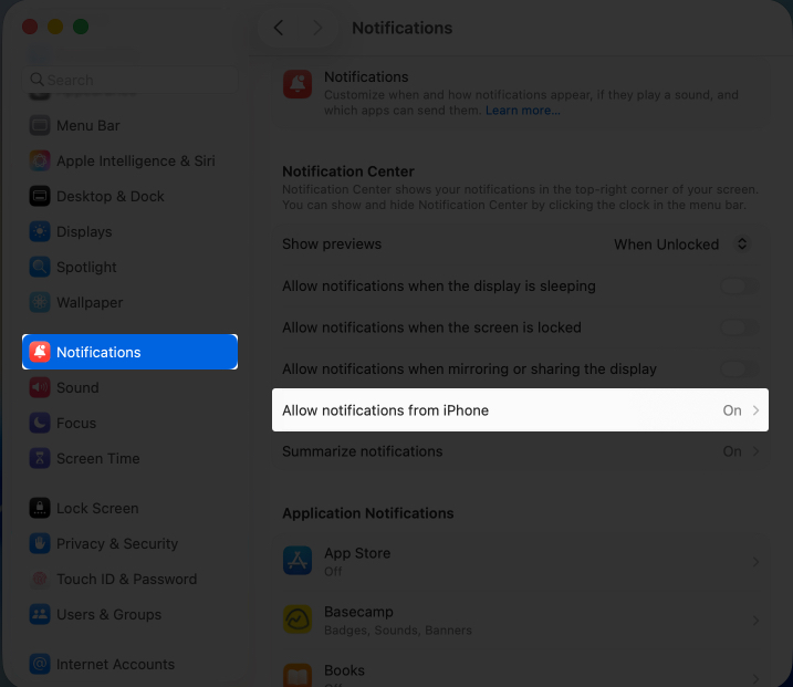 Toggle on notifications from iphone from settings on mac