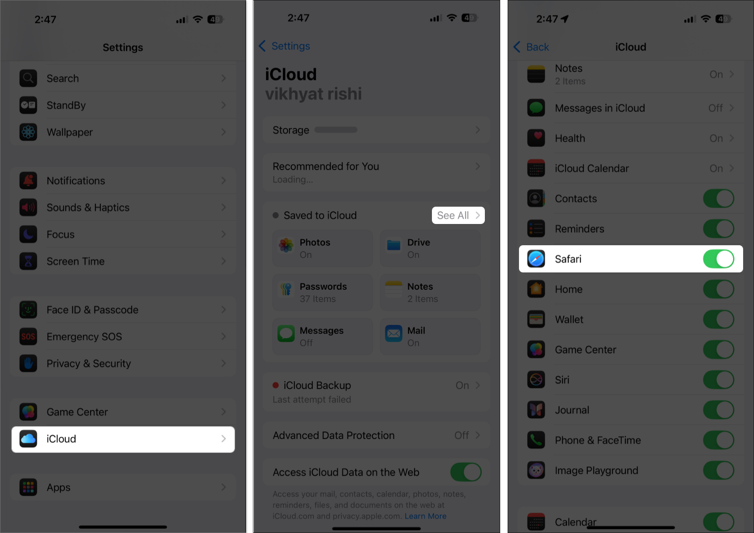 Toggle on safari in settings on iphone