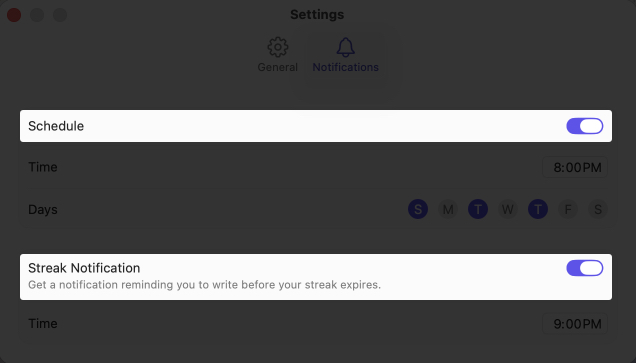 Toggle on schedule and streak notification on mac