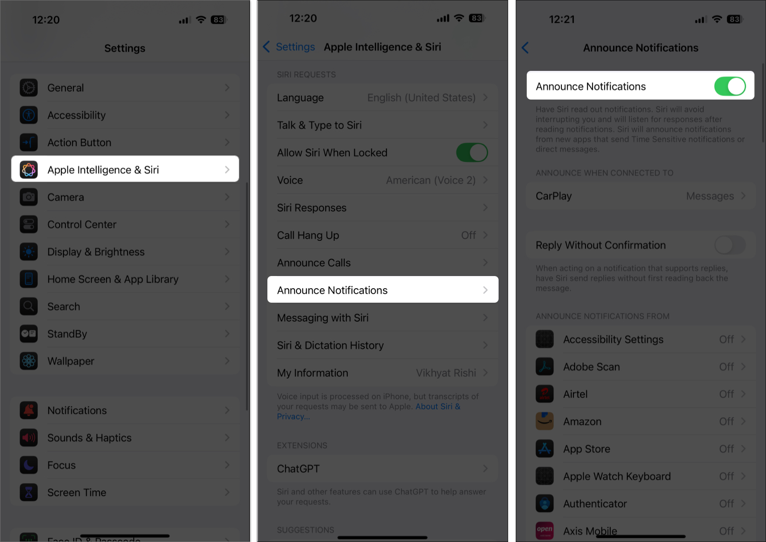 Toggling on announce notifications on iphone settings