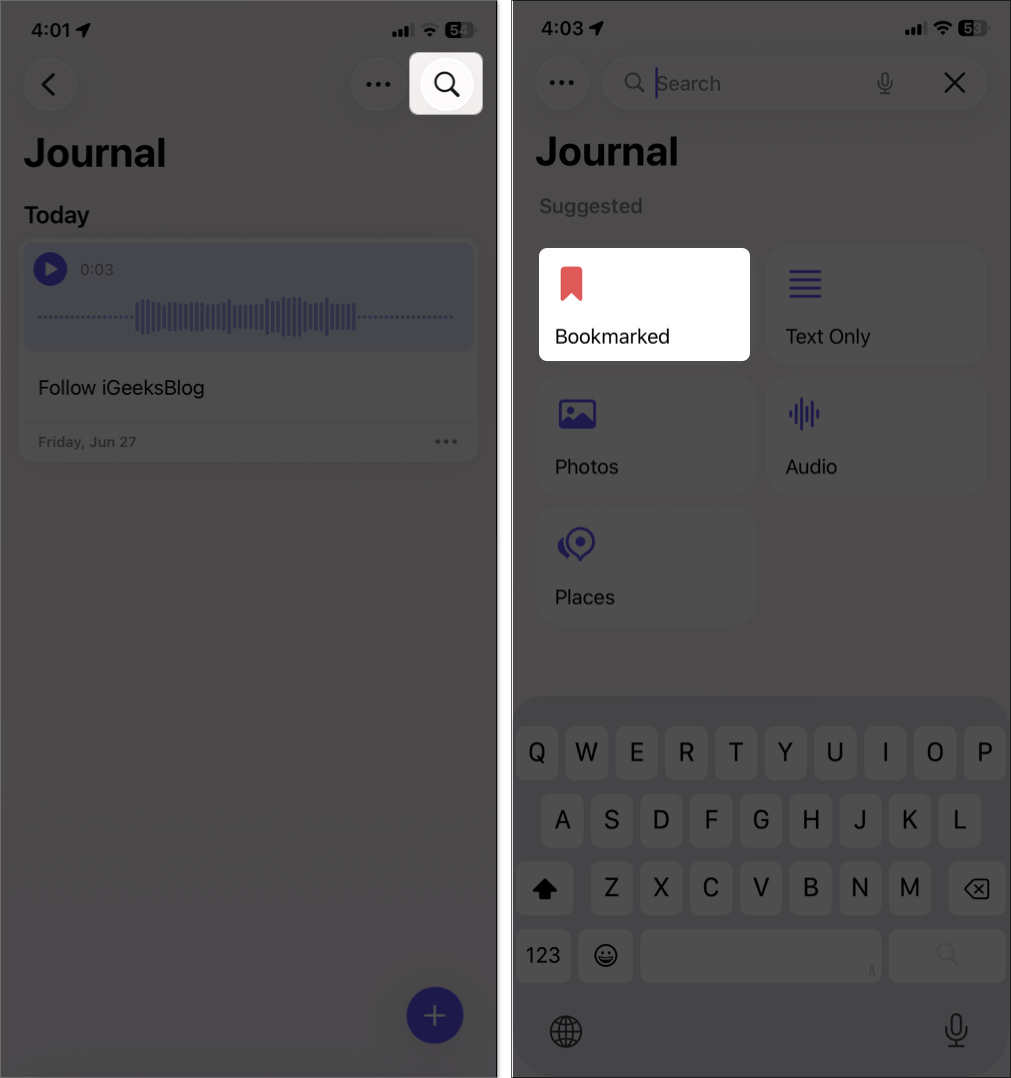Use search bar to find bookmarked entries