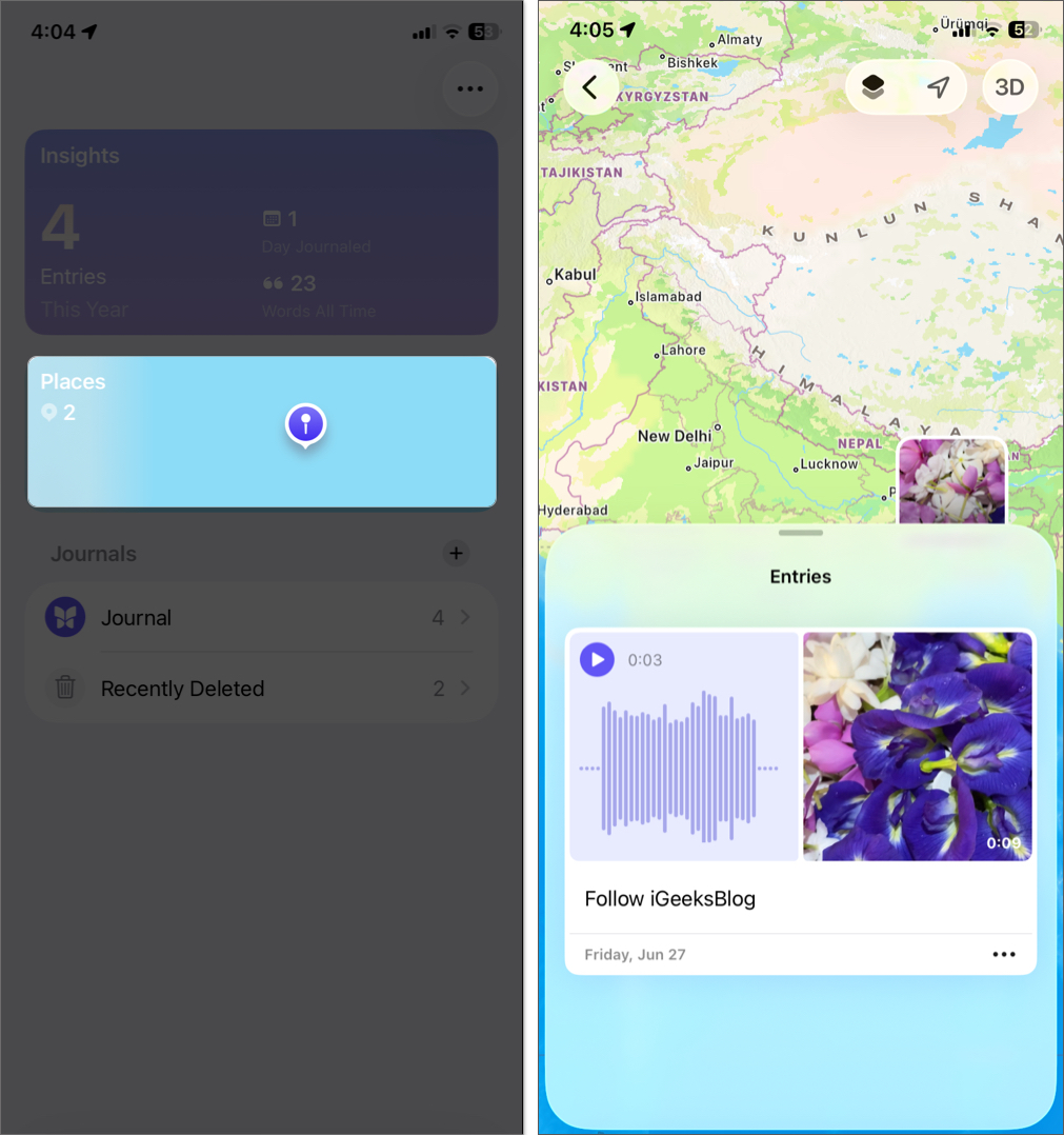 View journal entries on a map