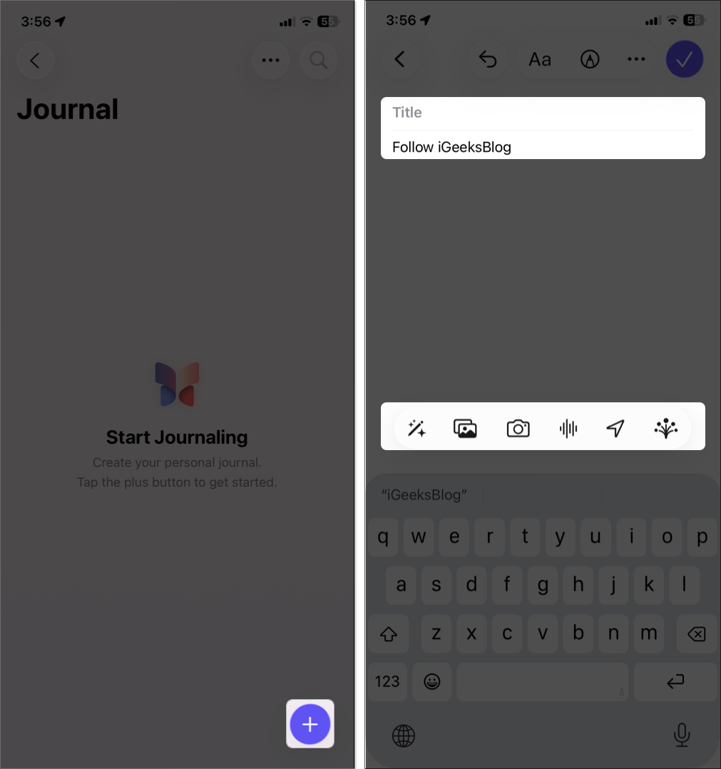 Write a thought and add media in the journal