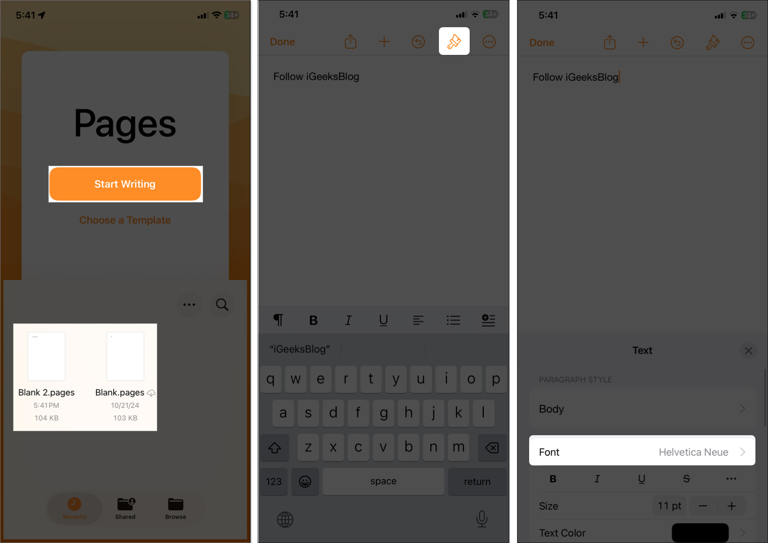 Choose a template and start writing in the pages app
