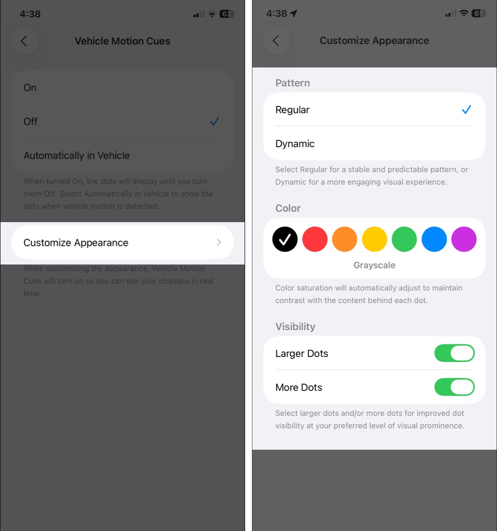 Customize vehicle motion cues in ios 26
