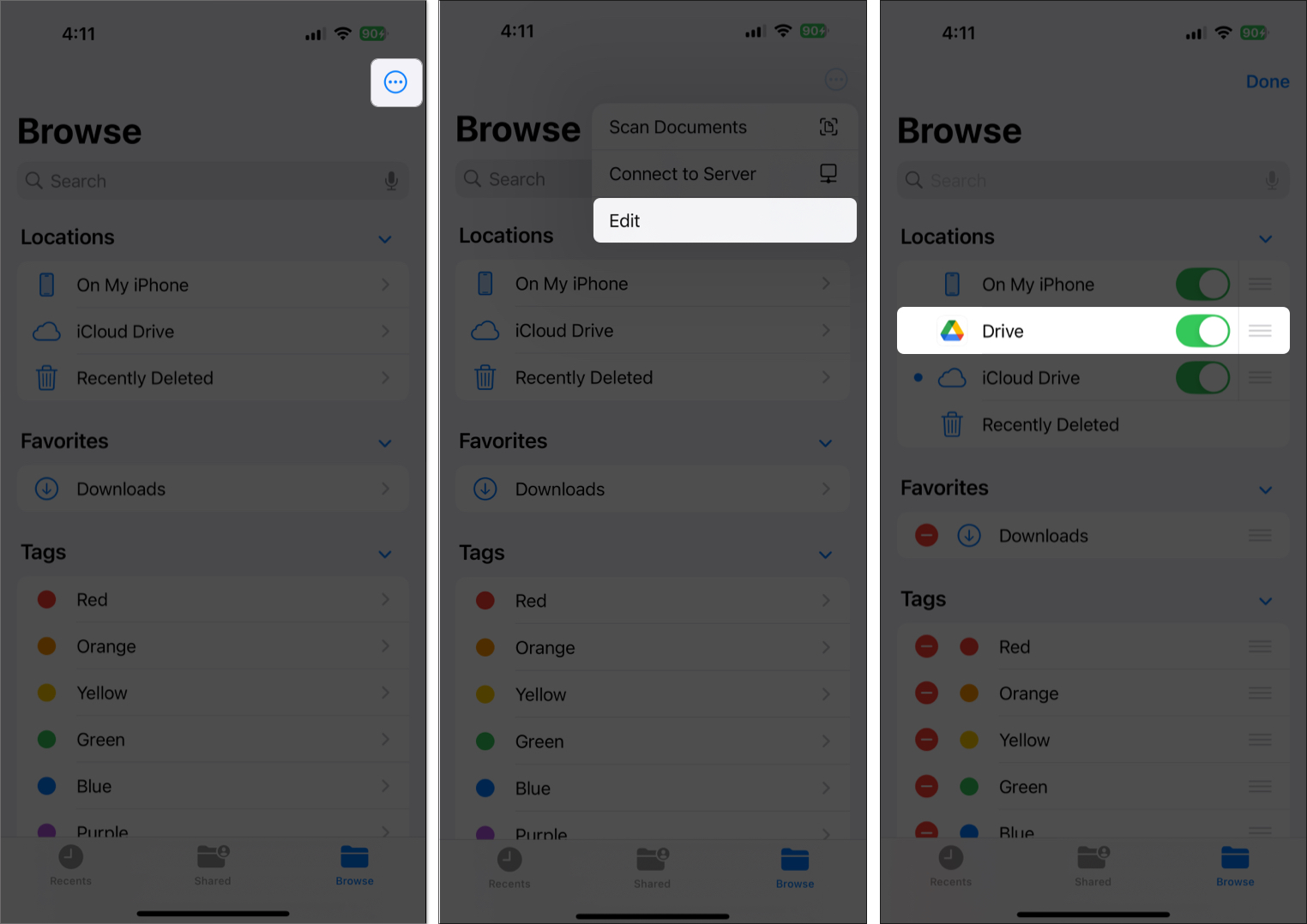 Tap on three dot and select edit button and toggle on google drive