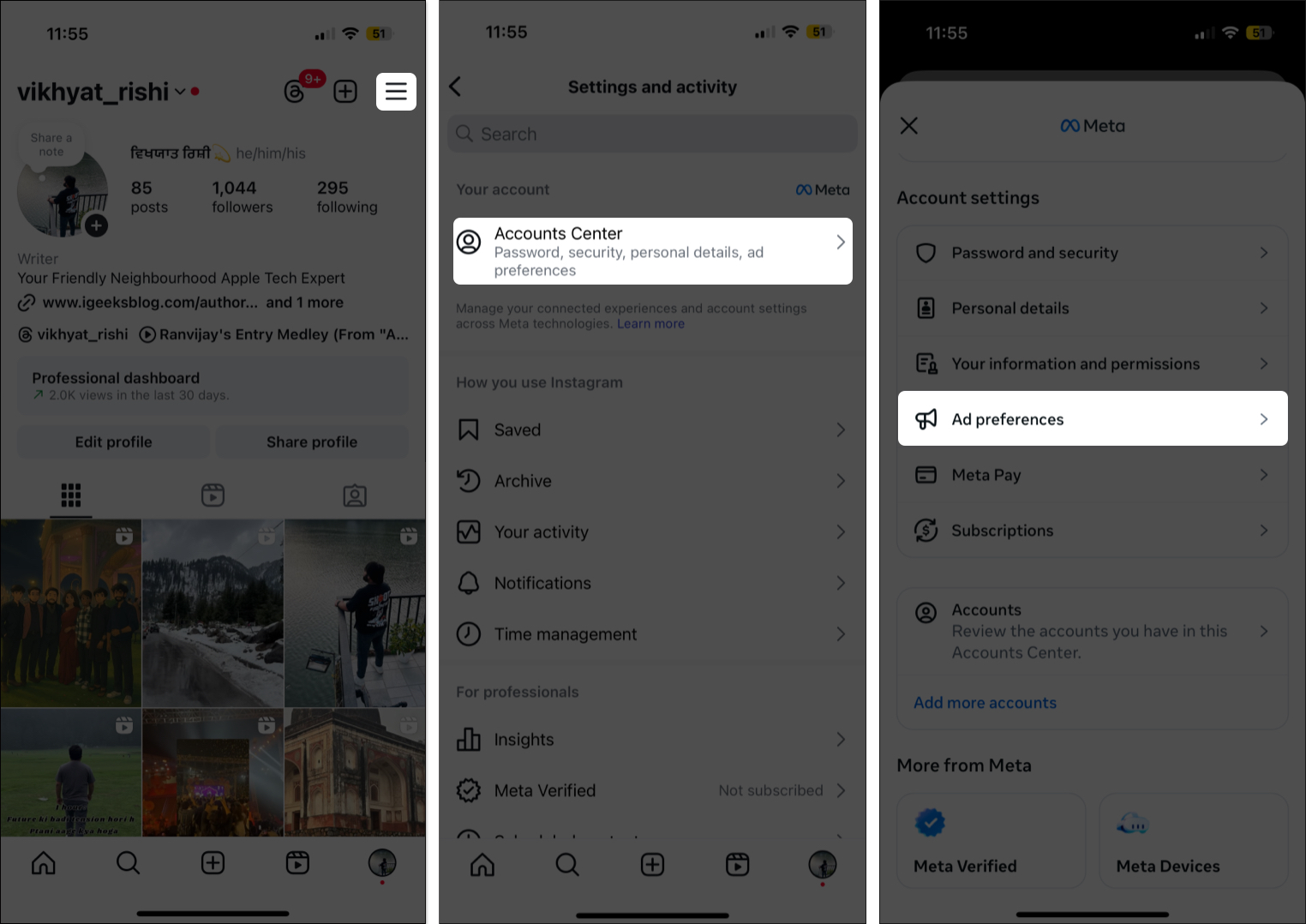 Access ad preferences in account settings on instagram