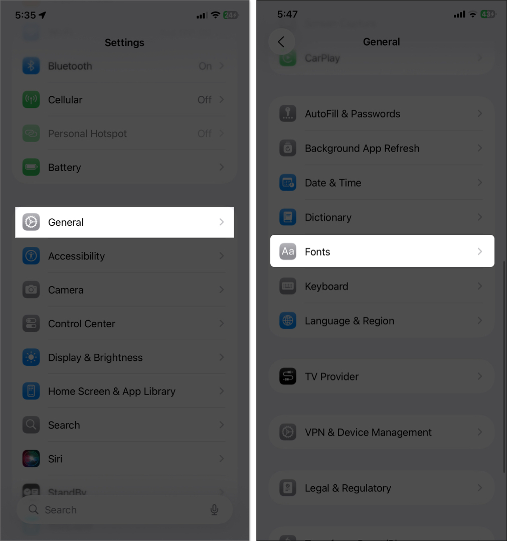 Access font option in the settings on iphone