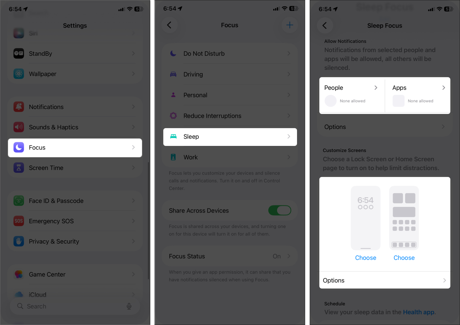 Access sleep focus settings on iphone