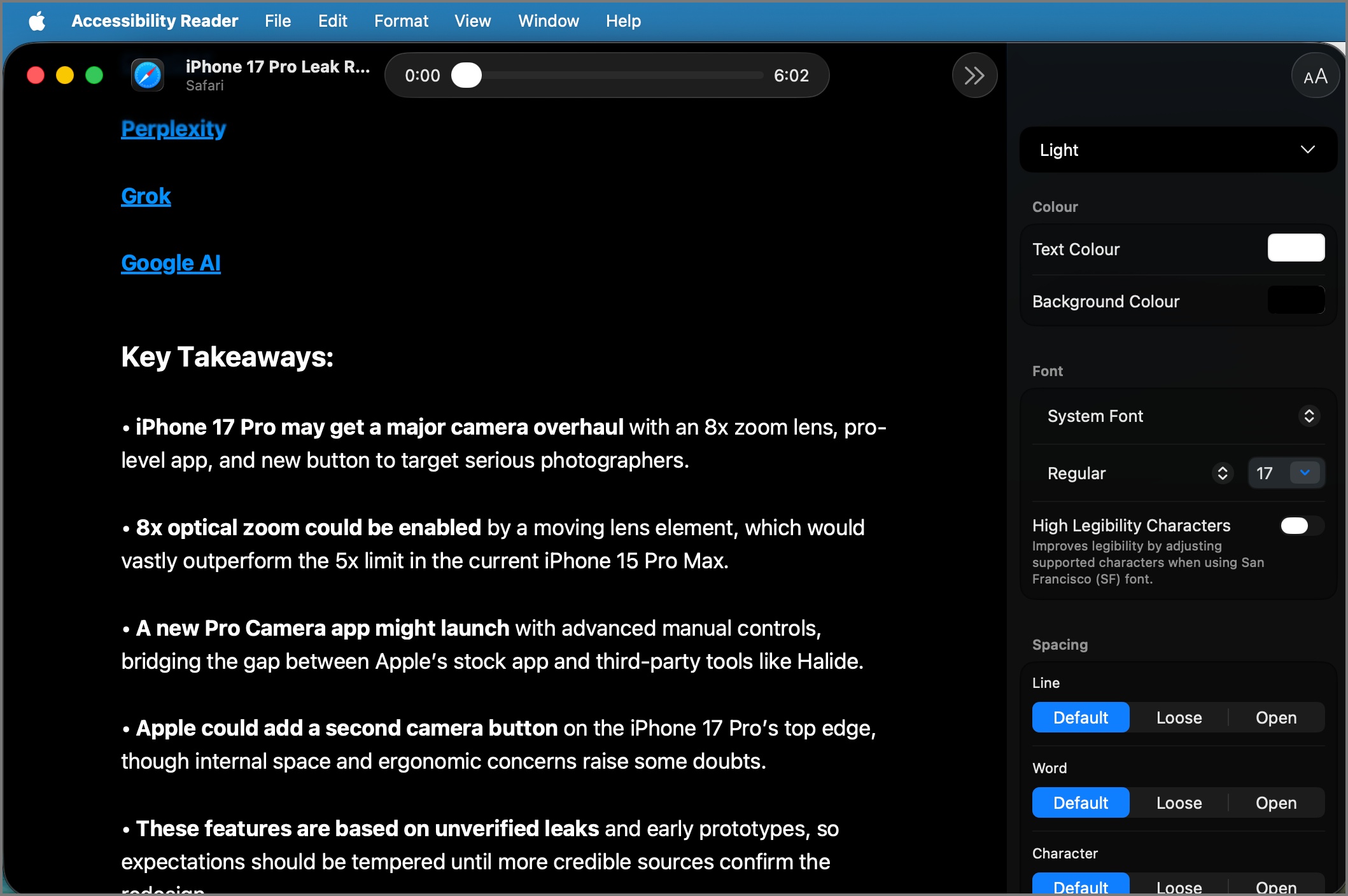 Accessibility Reader on mac