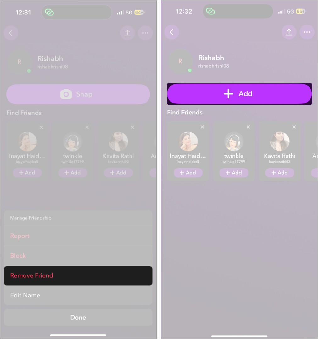 Add and remove friend on snapchat