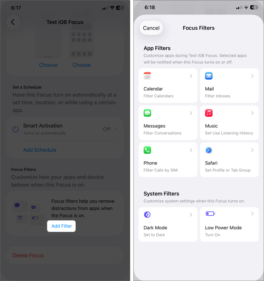 Add focus filter in focus mode