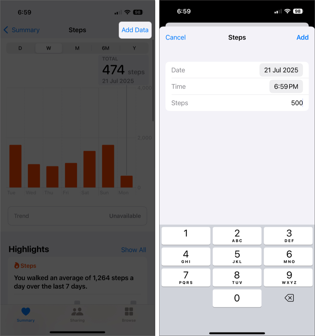 Add steps in the health app on iphone