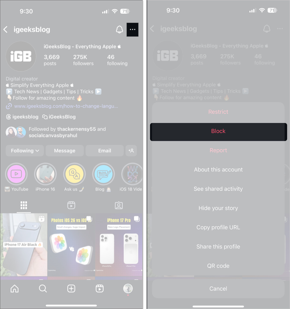 Block account on instagram