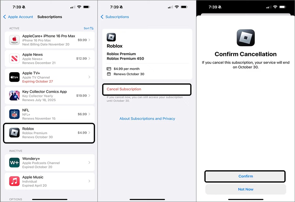 Cancel Roblox Premium iPhone