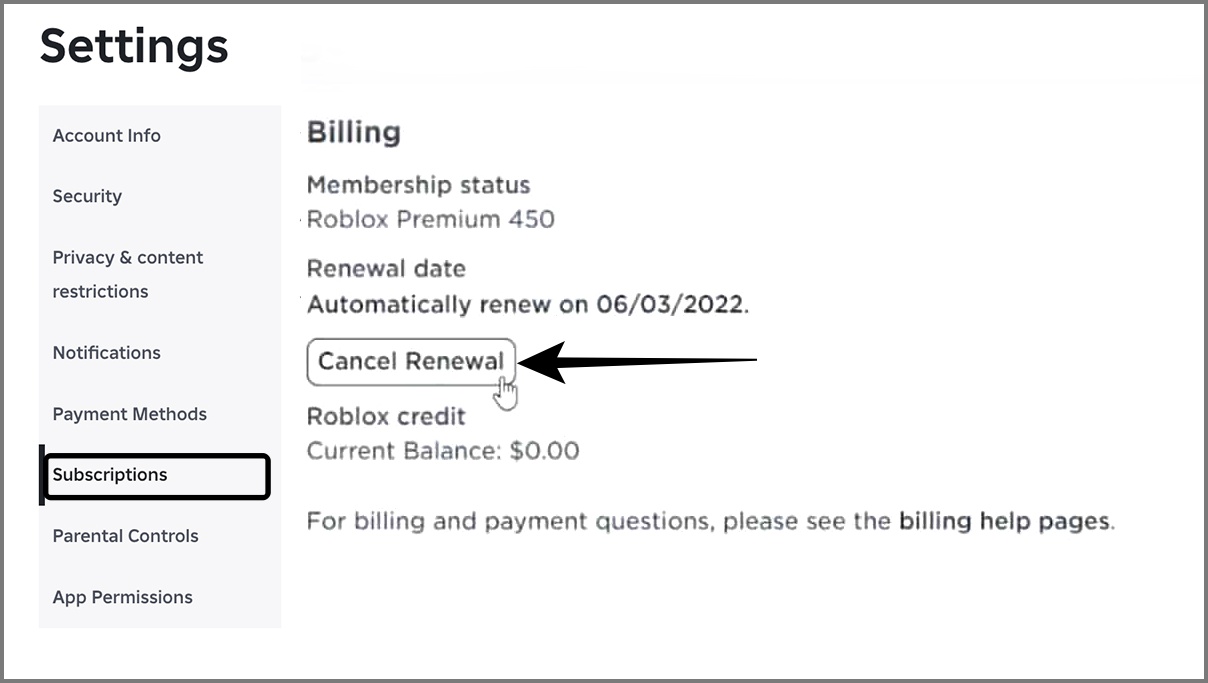 Cancel Roblox Premium on Browser