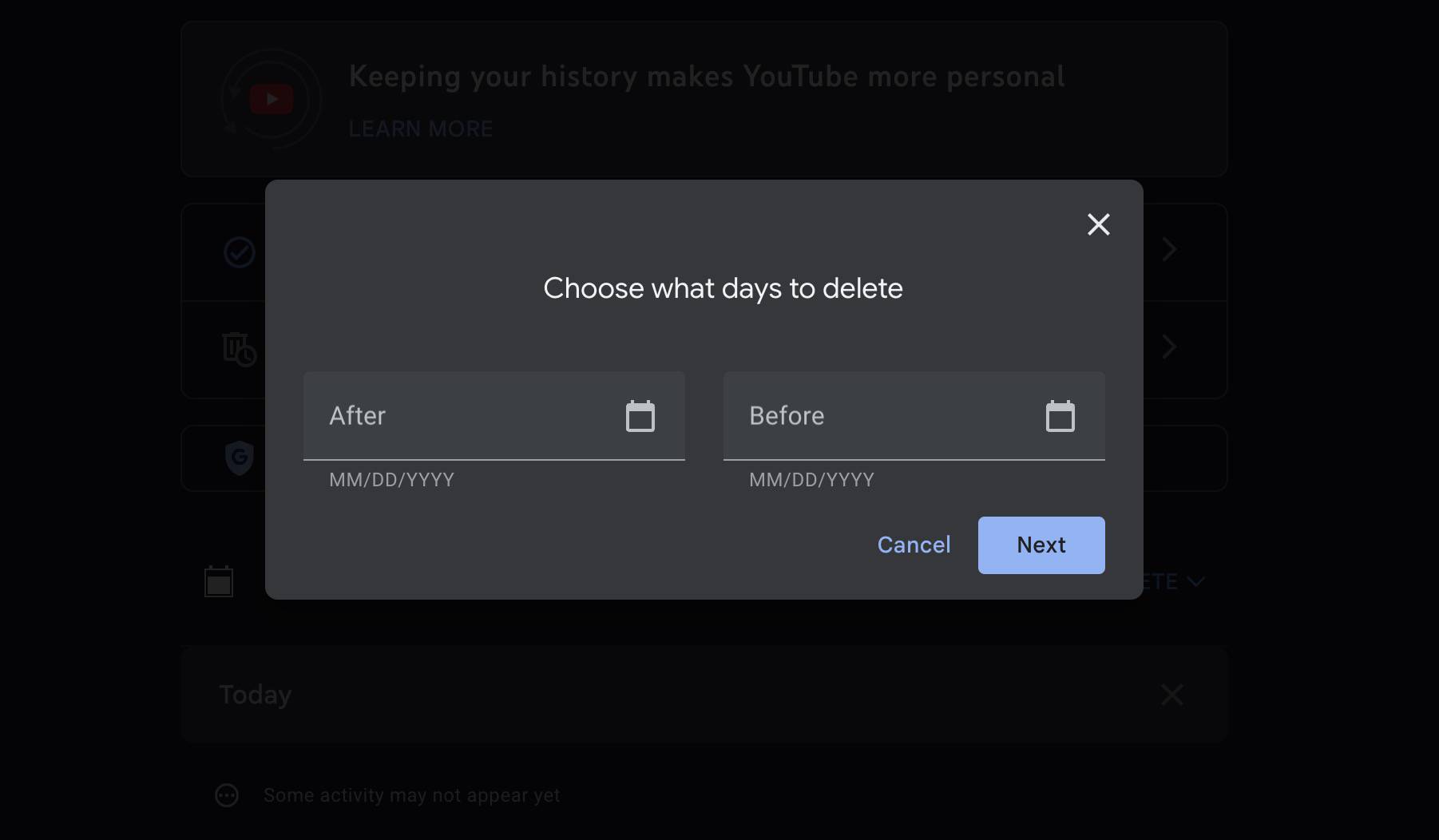 Steps to delete search history by date