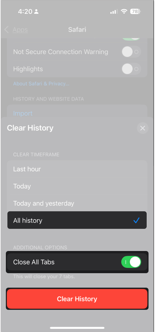 Clear safari browsing data and history