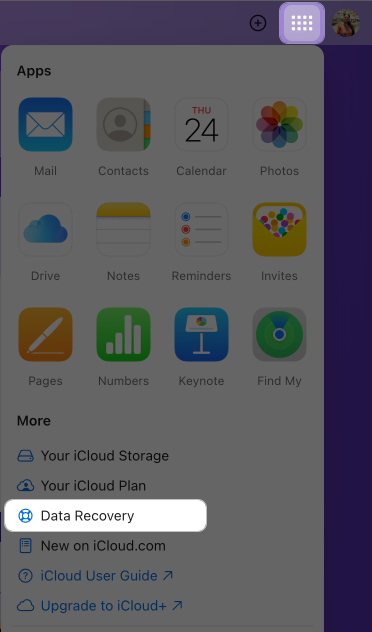 Click menu icon and select data recovery option on mac