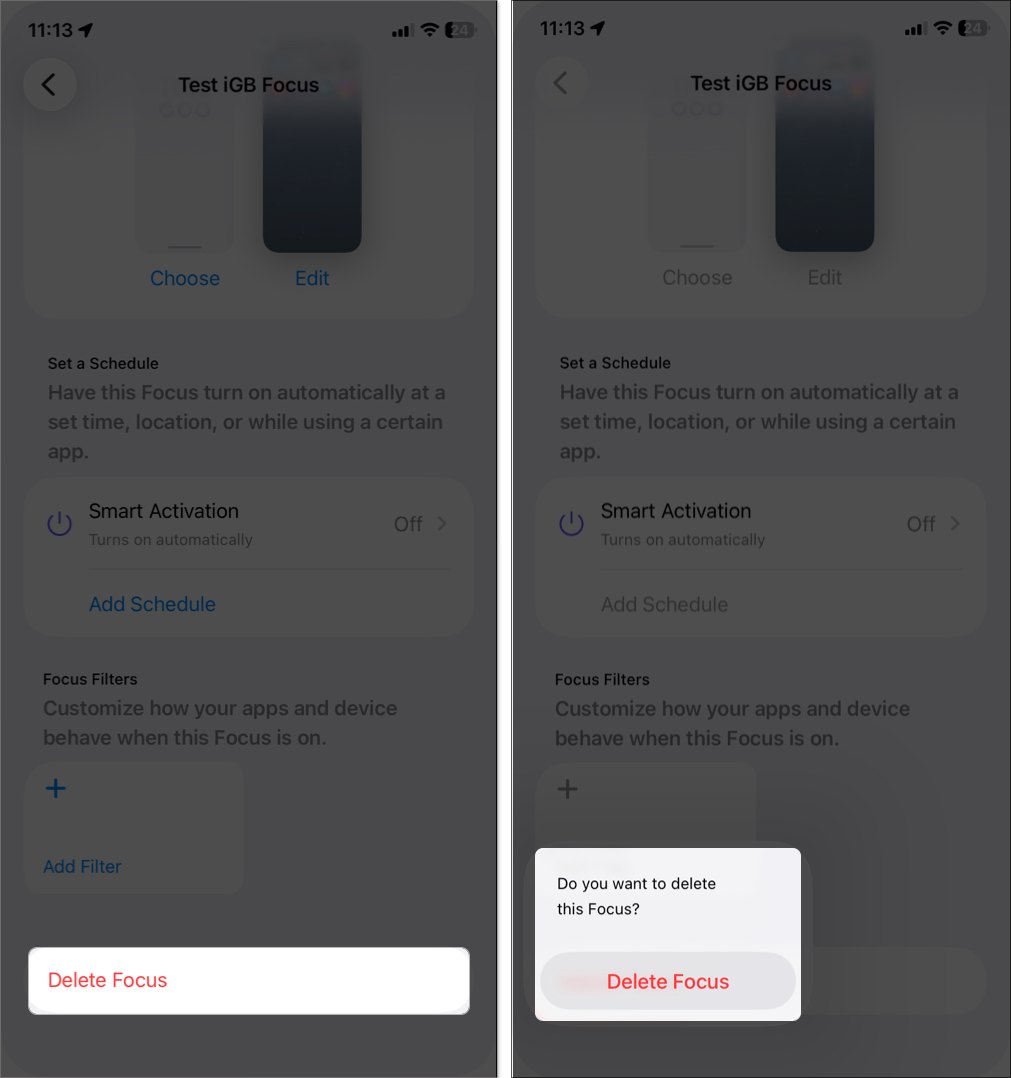 Delete a focus mode on iphone