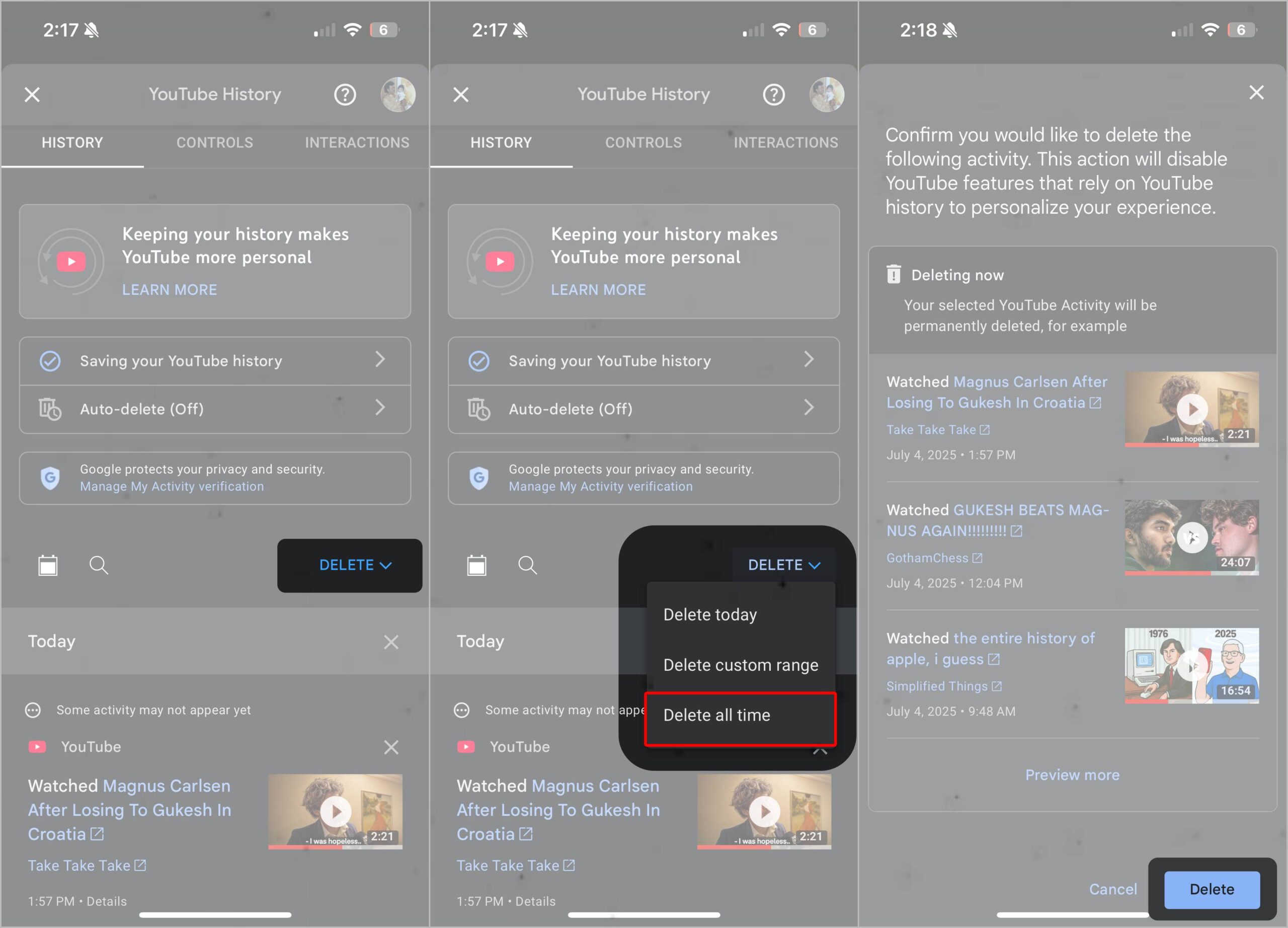 How to clear entire youtube search history