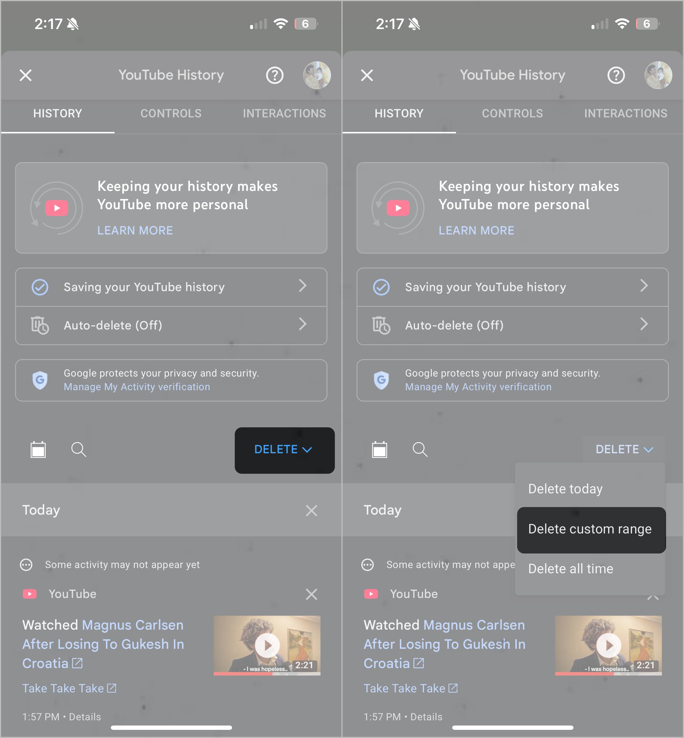 Steps to delete search history by date