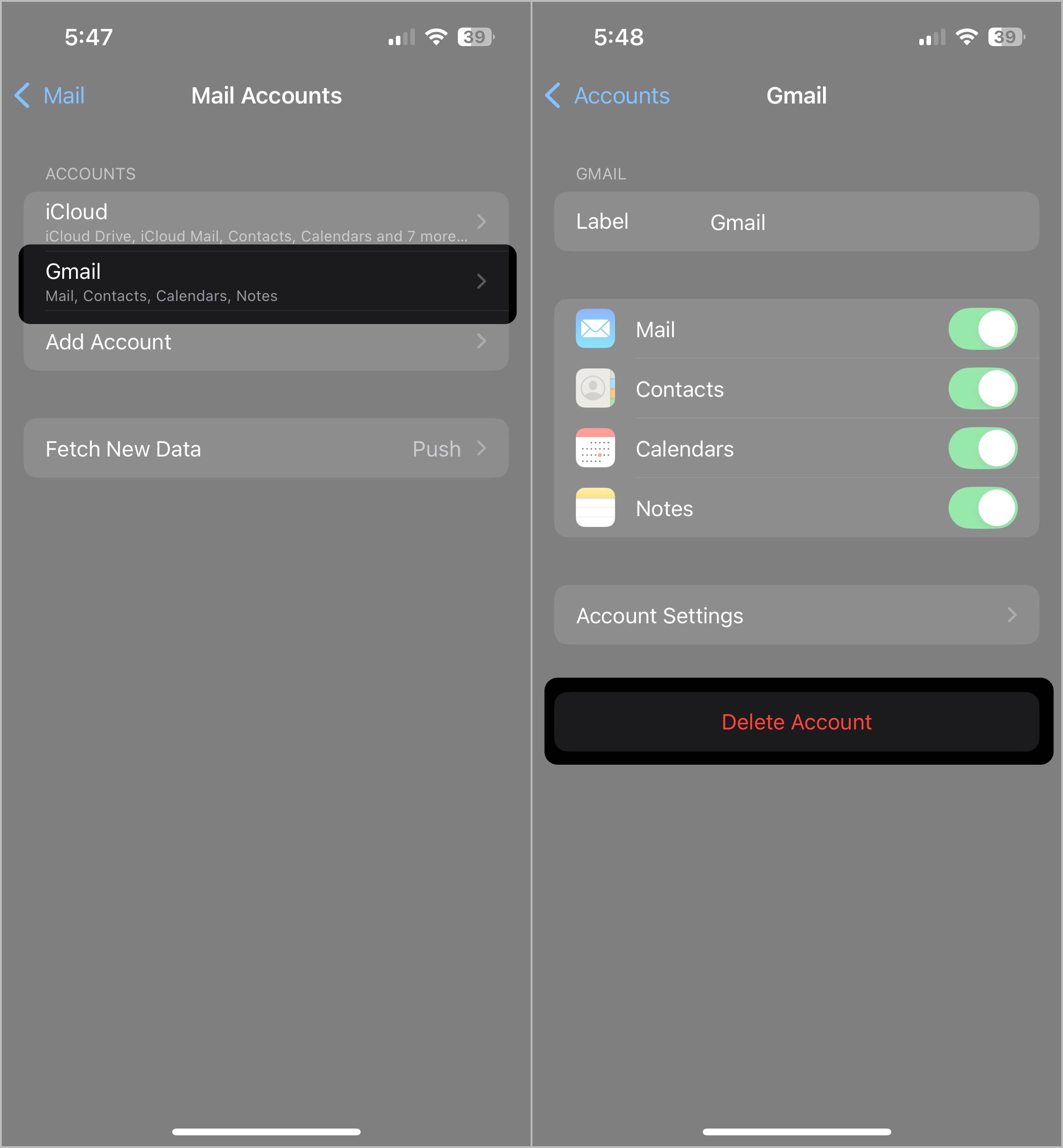 Delete email account on iphone