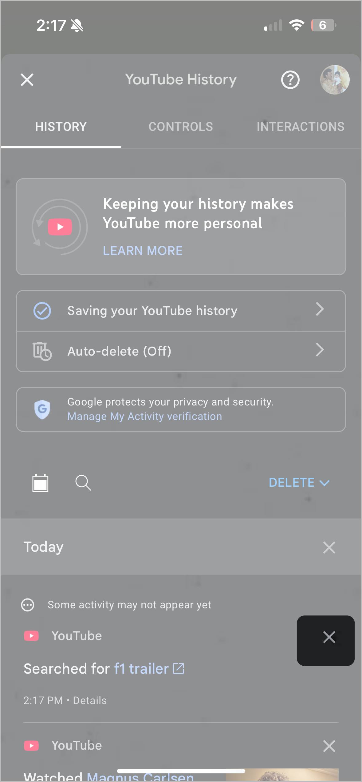 How to delete youtube searches one by one