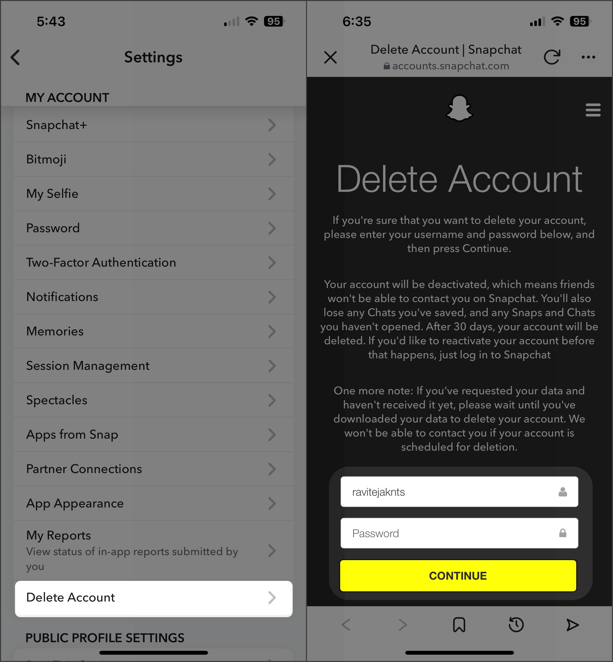 Delete snapchat account
