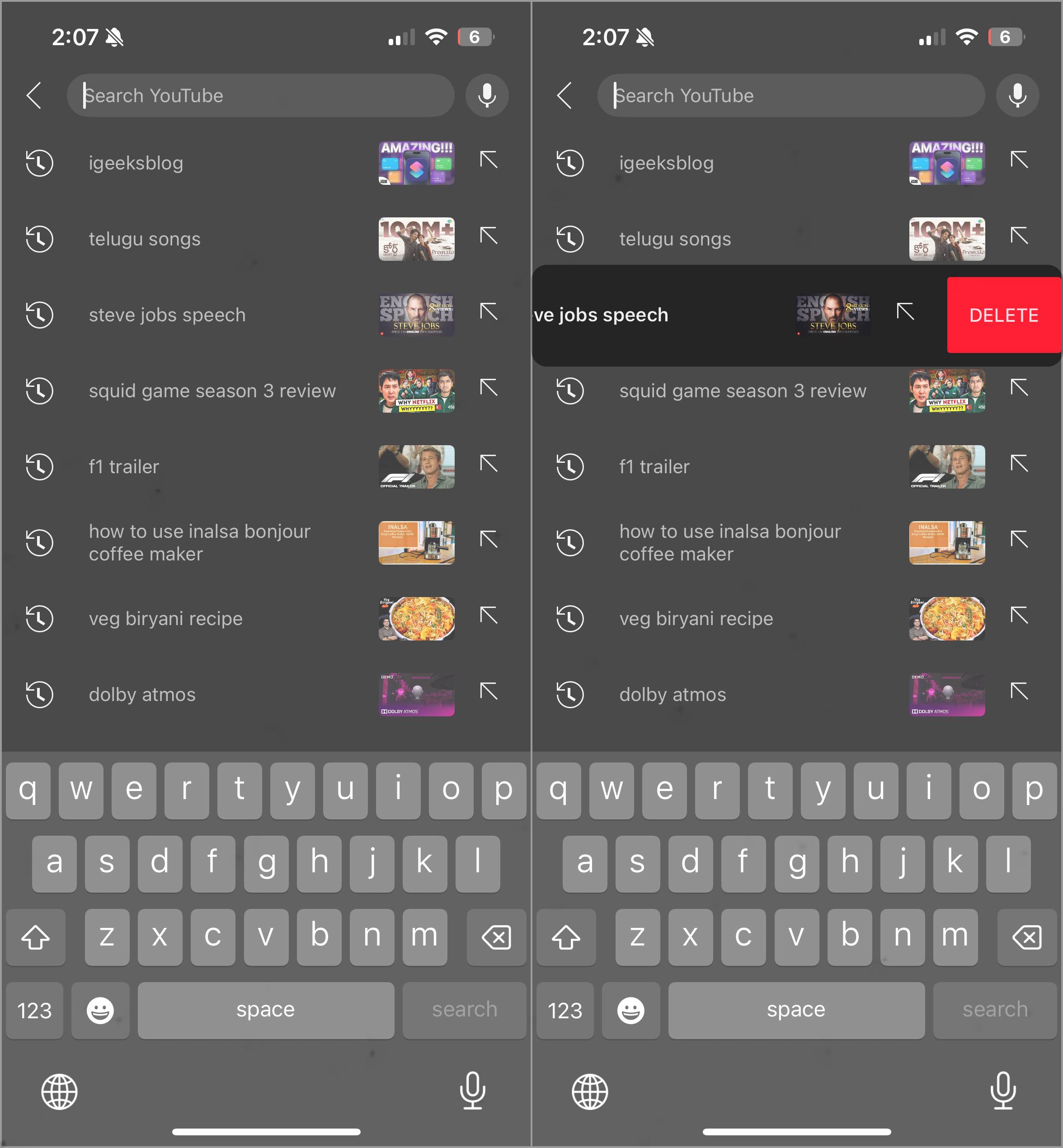 How to delete youtube searches one by one