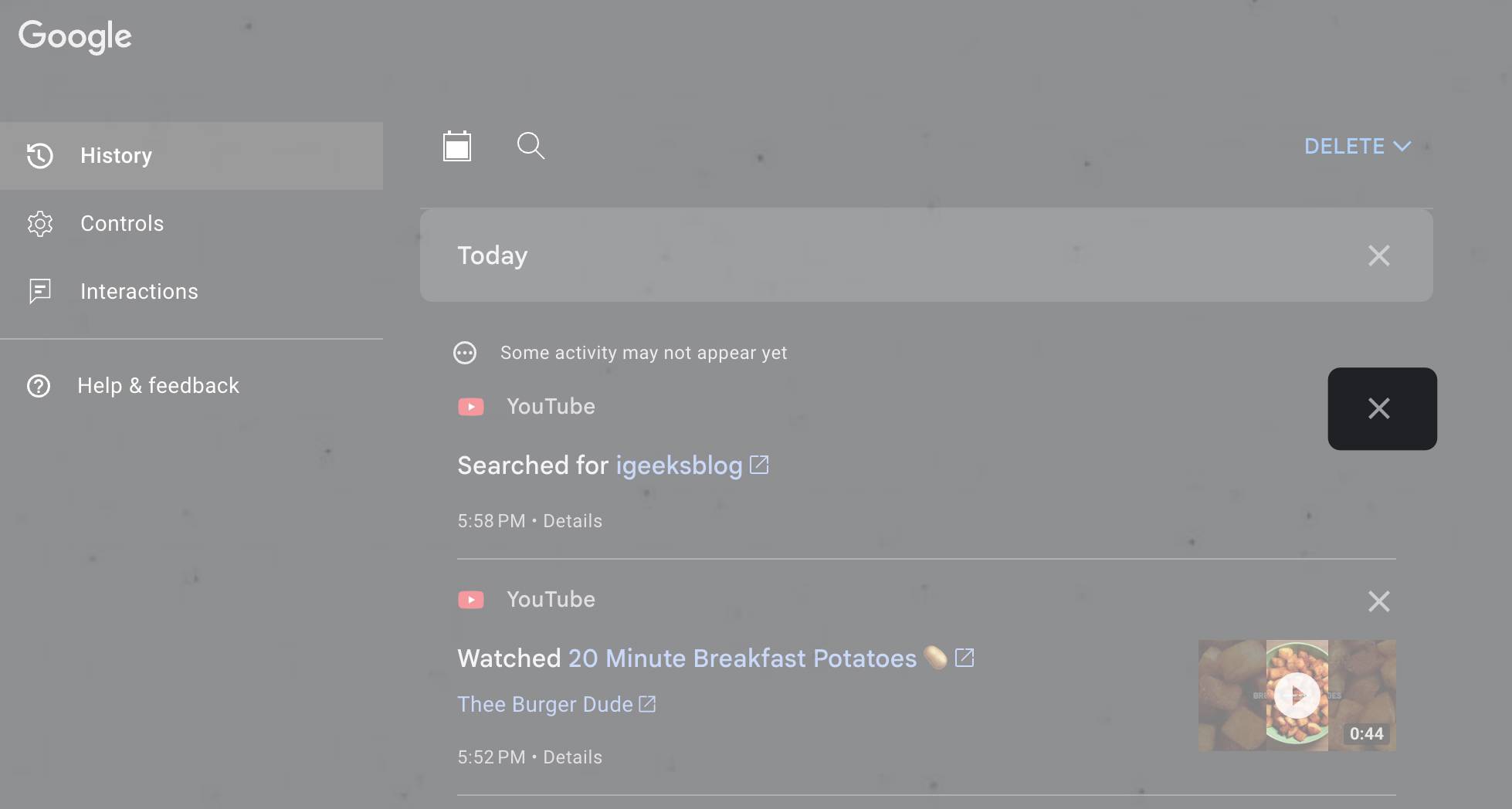 How to delete youtube searches one by one