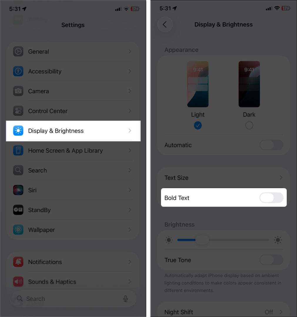 Enable bold text from iphone settings