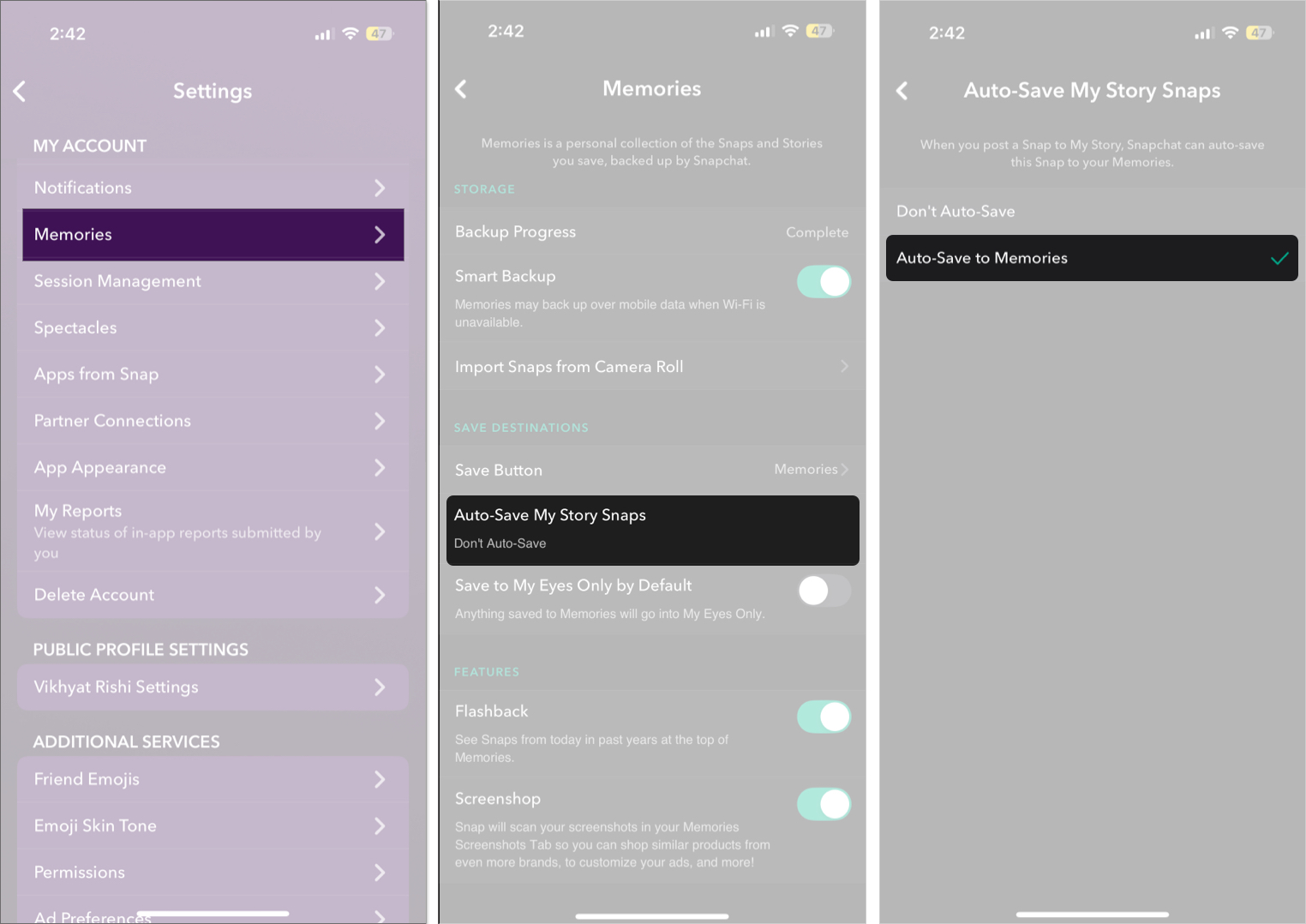 Enable the auto save to memories settings