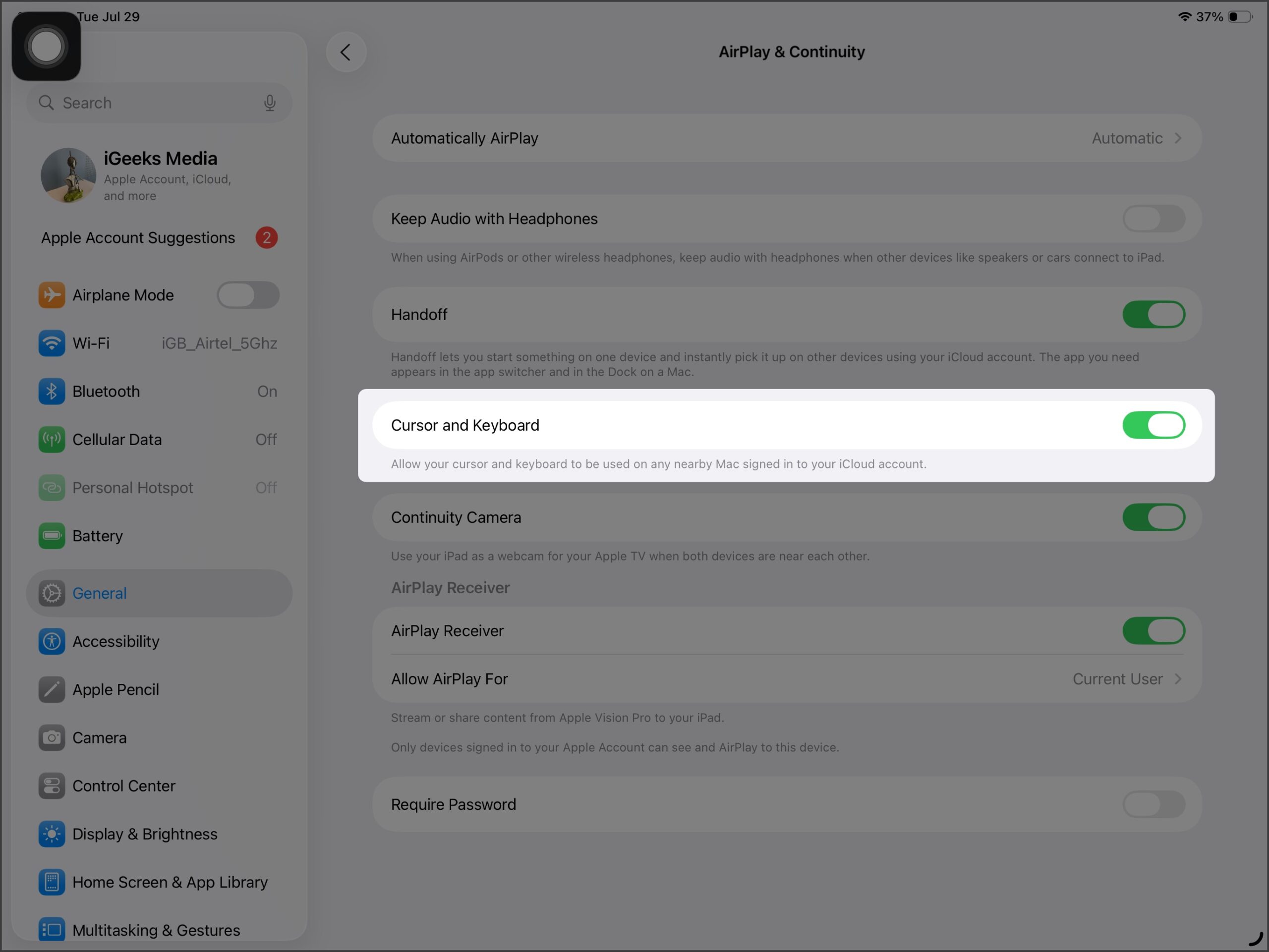 Enabling Universal Control on iPad