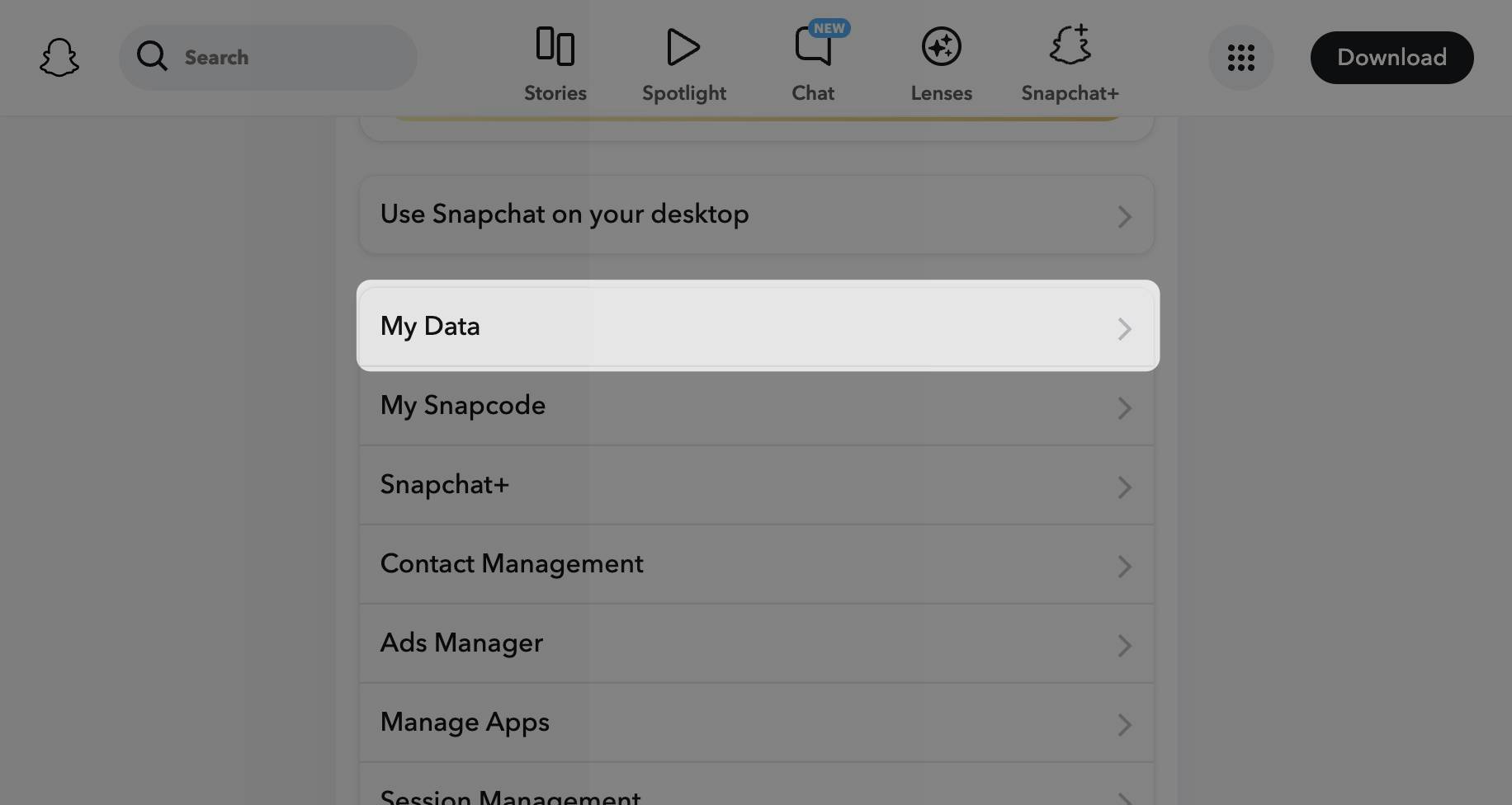 My data option in snapchat web