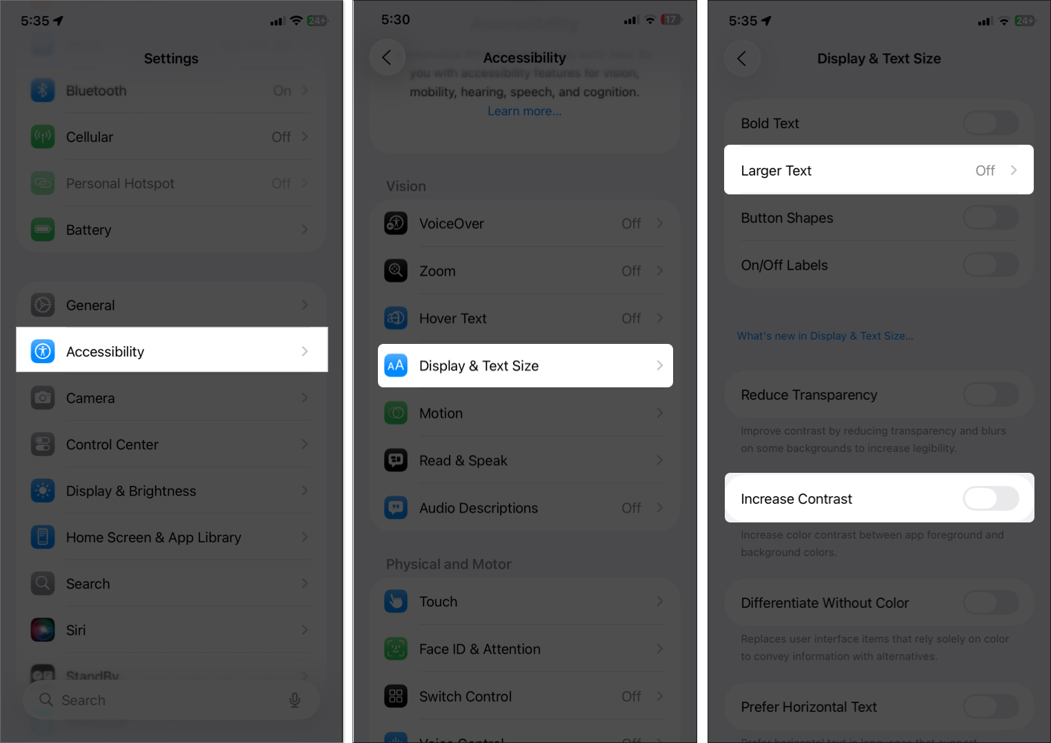 Open display and text size option in iphone settings