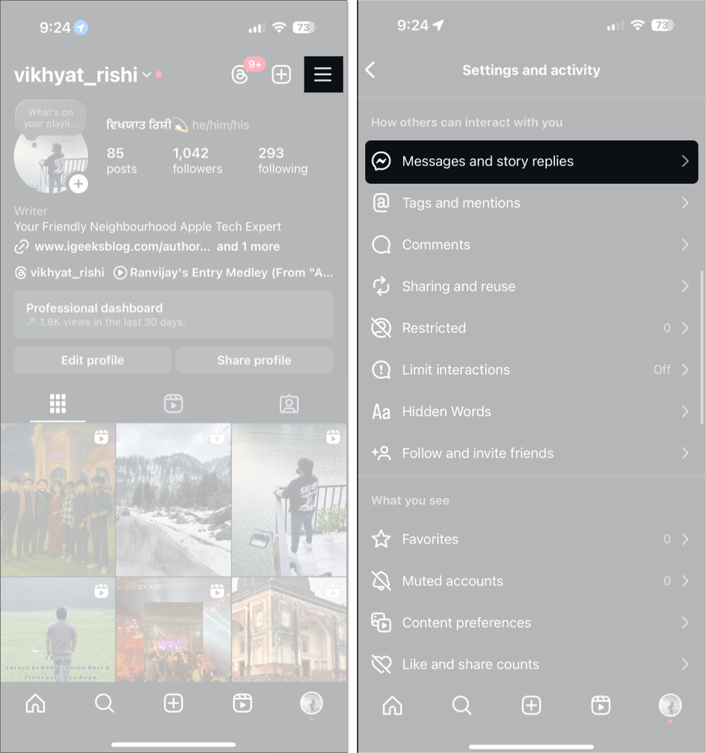 Open instagram profile and find messages and story replies option