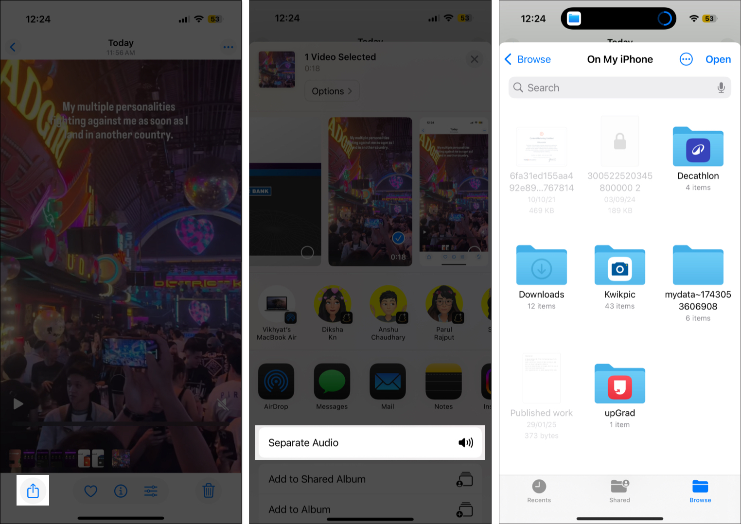 Open photo app and save separate audio in files app