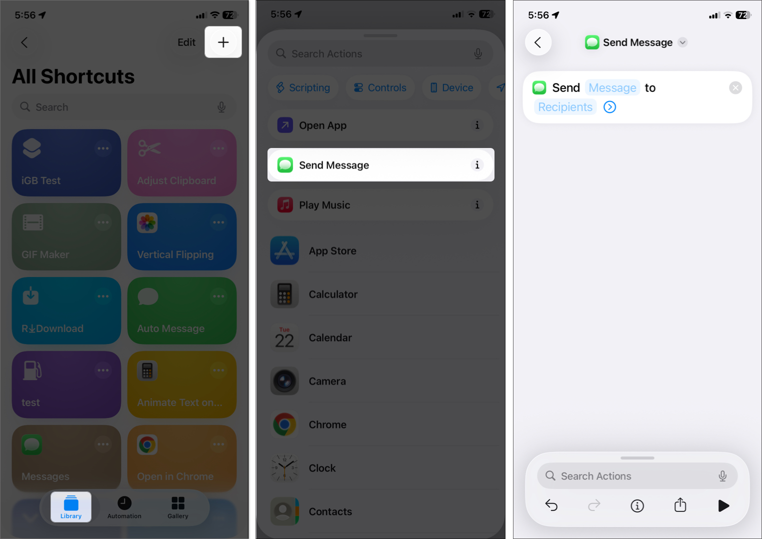 Open shortcuts app and choose action