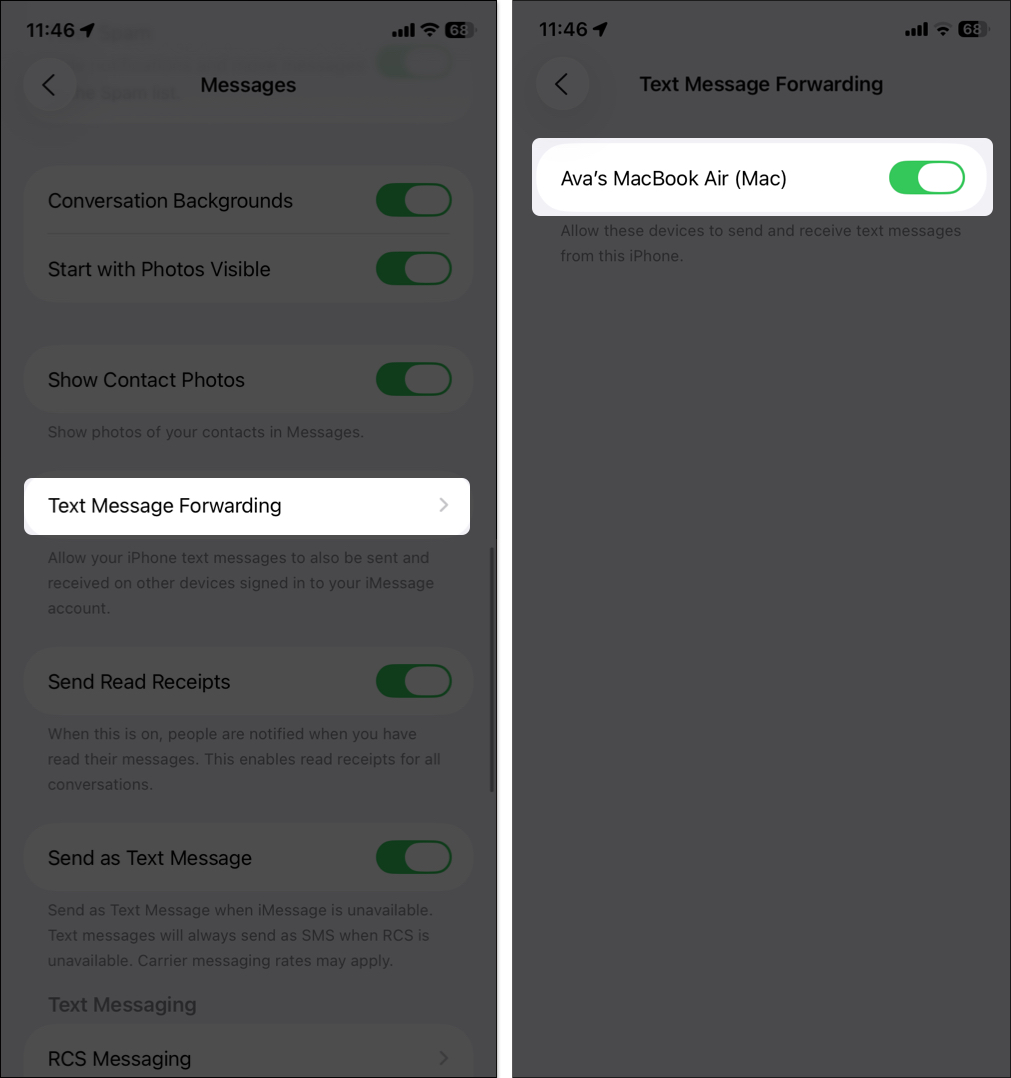Open text message forwarding settings and toggle on mac name