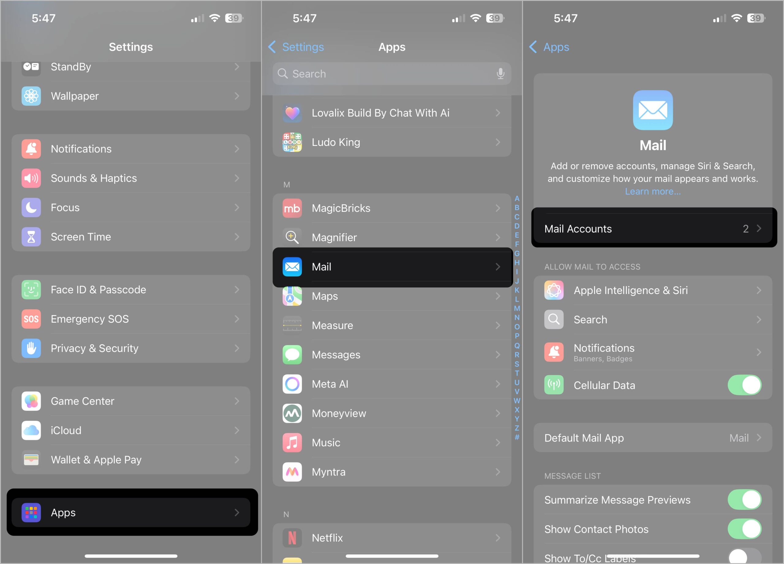 Opening mail account settings on iphone
