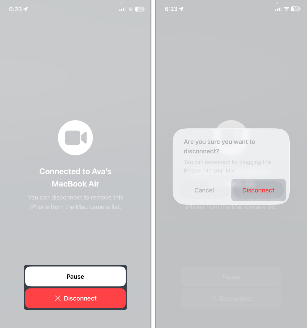 Pause or disconnect iphone webcam